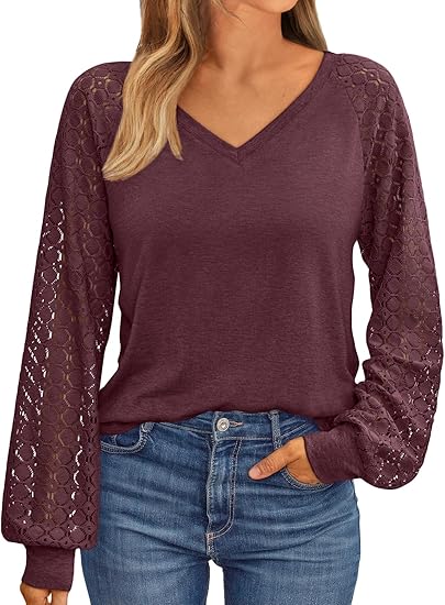 Women's long-sleeved V-neck lace blouse, business casual shirt/T-shirt, fashionable and trendy, autumn 2025 outfit.