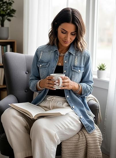 Women's oversized denim jacket, casual long-sleeved denim shirt, distressed denim jacket