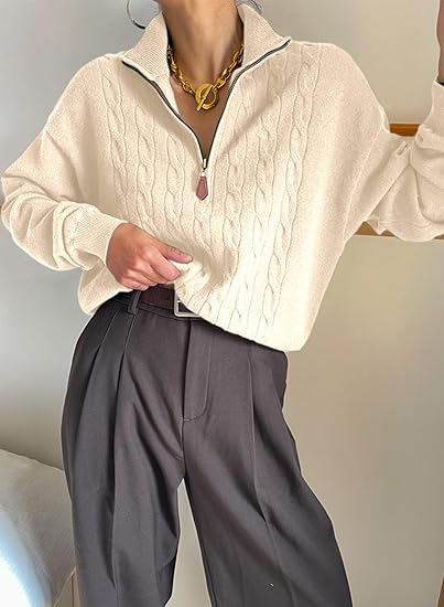 Women's Autumn/Winter Sweater, Quarter Zipper Casual Ribbed Cable Knit Pullover