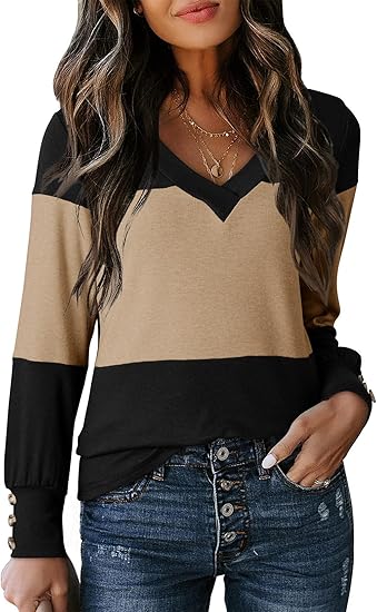 Women's long-sleeved shirt, autumn outfit, V-neck shirt, button-down top, fashionable winter clothing.