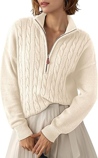 Women's Autumn/Winter Sweater, Quarter Zipper Casual Ribbed Cable Knit Pullover