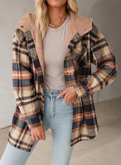 Women's Flannel Hooded Plaid 2025 Shirt Style Thick Winter Coat, Warm Button-Down Jacket with Fleece Fit