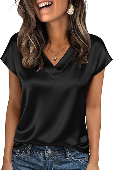 Women's Silk Satin Short-Sleeve V-Neck Shirt Business Casual Suit S-2XL