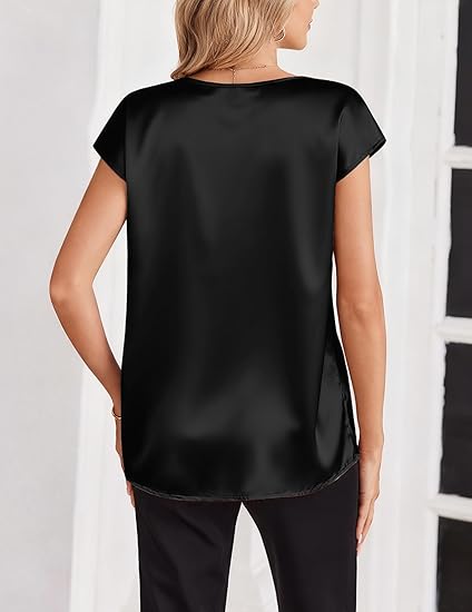 Women's Silk Satin Short-Sleeve V-Neck Shirt Business Casual Suit S-2XL
