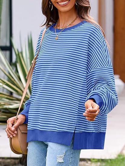 Women's Autumn Loose-fitting Sweatshirt, Casual Waffle Knit Long-sleeved Crew Neck Slit Pullover Top