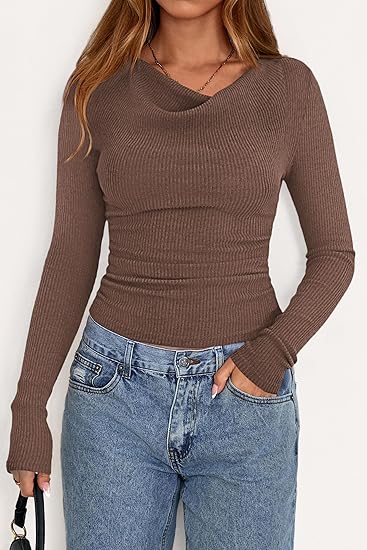 Women's long-sleeved turtleneck ribbed knit autumn shirt, slim fit, pleated, cropped top, basic T-shirt.