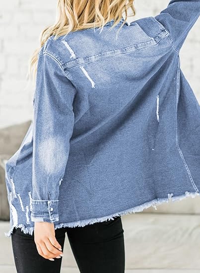 Women's oversized denim jacket, casual long-sleeved denim shirt, distressed denim jacket