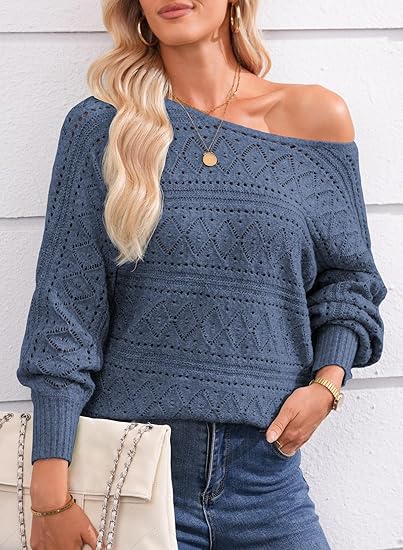 Women's Crocheted Boat Neck Long Sleeve Loose Sweater - Autumn/Winter Fashion 2025