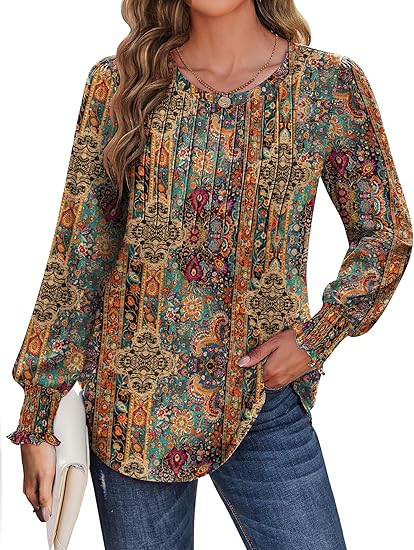 Women's long-sleeved puff sleeve blouse, casual and versatile round neck with pleated design, suitable for summer, autumn and work occasions, sizes S-3XL.