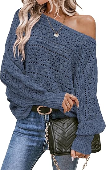 Women's Crocheted Boat Neck Long Sleeve Loose Sweater - Autumn/Winter Fashion 2025