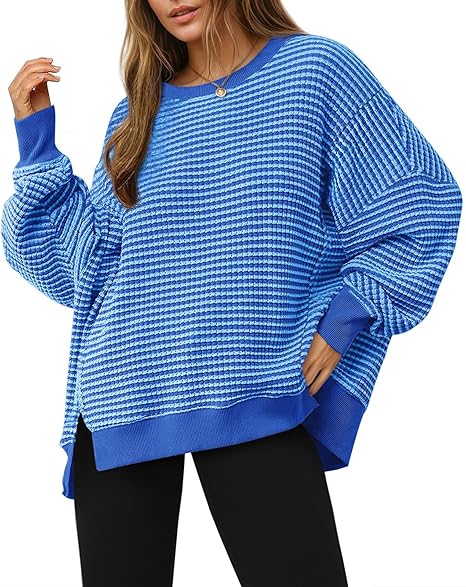 Women's Autumn Loose-fitting Sweatshirt, Casual Waffle Knit Long-sleeved Crew Neck Slit Pullover Top