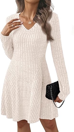 Women's Sweater Dress, Winter Long-Sleeve, Autumn Fashion 2025, V-neck, A-line Silhouette, Flowy Mini Casual Dress, Comfortable Workwear