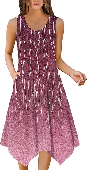 Women's summer casual dress, sleeveless loose and flowing beach dress with pockets, handkerchief hem, and mid-length spaghetti straps.  (Style 2026)