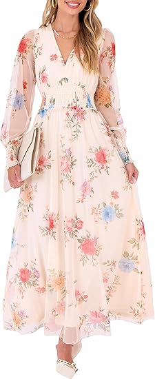 Women's Floral Print Long Dress, 2025 Autumn New Arrival, V-neck, Puff Sleeves, Flowy Casual Chiffon Dress for Weddings and Parties