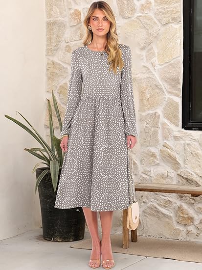Women's long-sleeved, mid-length dress, with a round neckline, new for Fall 2025.  A casual and flowing A-line dress, perfect for vacation wear, with pockets.