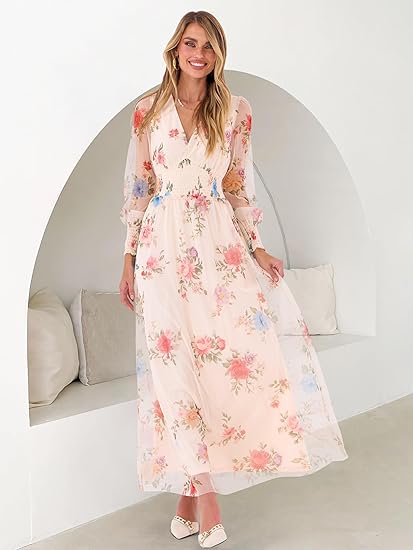 Women's Floral Print Long Dress, 2025 Autumn New Arrival, V-neck, Puff Sleeves, Flowy Casual Chiffon Dress for Weddings and Parties