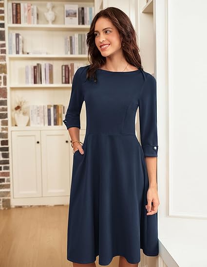 New 2025 women's professional dress, three-quarter sleeve, slim-fit A-line dress, elegant business-style midi dress with pockets.