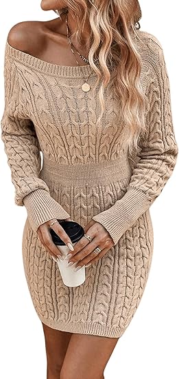 Women's cable knit sweater dress, long-sleeved knitted autumn/winter dress, round neck slim-fit mini dress.