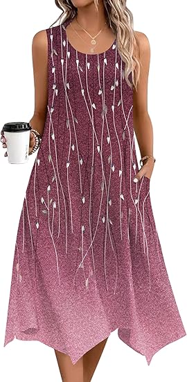 Women's summer casual dress, sleeveless loose and flowing beach dress with pockets, handkerchief hem, and mid-length spaghetti straps.  (Style 2026)