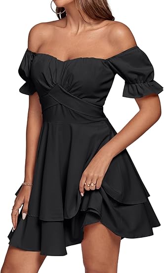 Women's lace-up, off-the-shoulder, layered ruffle short-sleeved mini dress