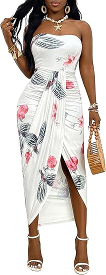 Women's strapless, ruched, high-waisted, wrap-around, slit, asymmetrical beach maxi dress