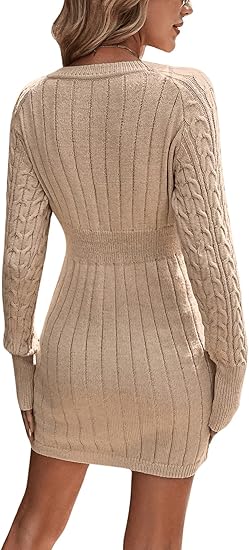 Women's cable knit sweater dress, long-sleeved knitted autumn/winter dress, round neck slim-fit mini dress.