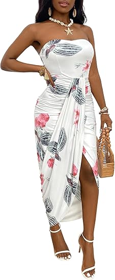 Women's strapless, ruched, high-waisted, wrap-around, slit, asymmetrical beach maxi dress