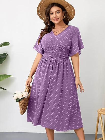 Women's plus size long dress, V-neck short sleeves, polka dot pattern, A-line silhouette, high waist design, bohemian style, casual summer dress.