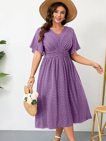 Women's plus size long dress, V-neck short sleeves, polka dot pattern, A-line silhouette, high waist design, bohemian style, casual summer dress.