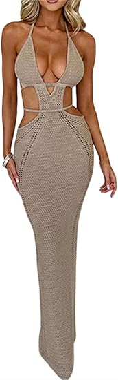 Women's sexy V-neck slim-fit sweater dress, knitted strappy backless hollow-out waist-cinching long dress, suitable for parties, clubs, and other occasions.