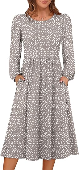 Women's long-sleeved, mid-length dress, with a round neckline, new for Fall 2025.  A casual and flowing A-line dress, perfect for vacation wear, with pockets.