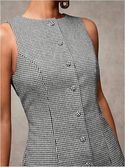 Women's plaid button-down dress, featuring a round neckline, sleeveless design, and tie waist, suitable for work or office wear, in a mini-dress style.