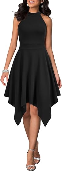 Women's sleeveless, halter-neck formal dress with an asymmetrical hem and A-line silhouette, suitable for parties and cocktail events.