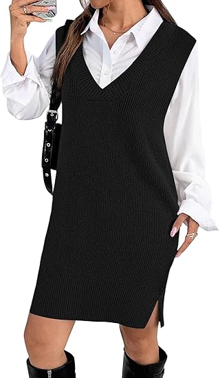 Women's V-neck sweater vest dress, loose-fitting, sleeveless, casual pullover sweater, suitable for autumn and winter wear, knitted fabric, short dress with side slits.