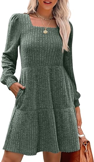 Women's square-neck long-sleeved autumn dress, casual babydoll style sweater dress.