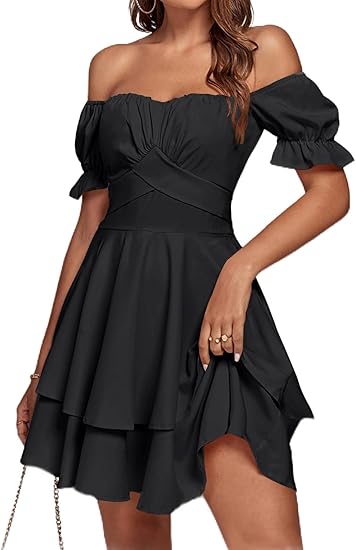 Women's lace-up, off-the-shoulder, layered ruffle short-sleeved mini dress