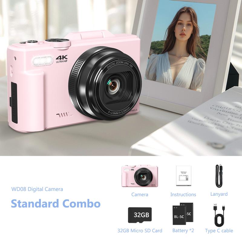 Câmera digital 4K para fotografia com 64MP, tela giratória de 3 polegadas e 180°, zoom digital de 18x, cartão Micro SD de 32 GB, 2 baterias, ideal para presente de Natal.