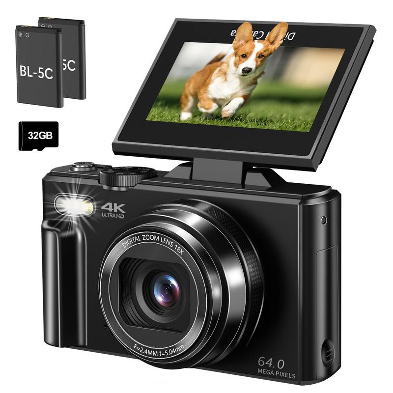 Câmera digital 4K para fotografia com 64MP, tela giratória de 3 polegadas e 180°, zoom digital de 18x, cartão Micro SD de 32 GB, 2 baterias, ideal para presente de Natal.