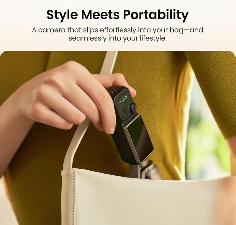 Câmera de vlog Xtra Muse com sensor CMOS de 1 polegada, vídeos 4K/120fps, estabilizador gimbal de 3 eixos, foco rápido, rastreamento de rosto/objeto e design portátil.