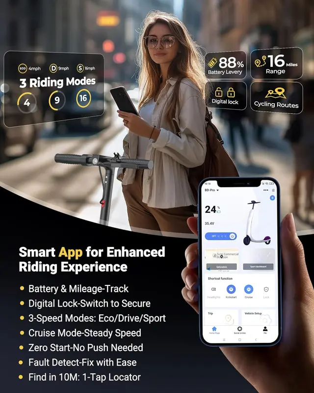 Patinete elétrico - Velocidade máxima de 19 mph, pneus sólidos de 8,5 polegadas com estrutura em colmeia, motor de 350 W, autonomia de 12 milhas, patinete dobrável com velocidade ajustável, sistema de freio duplo e controle por aplicativo, ideal para