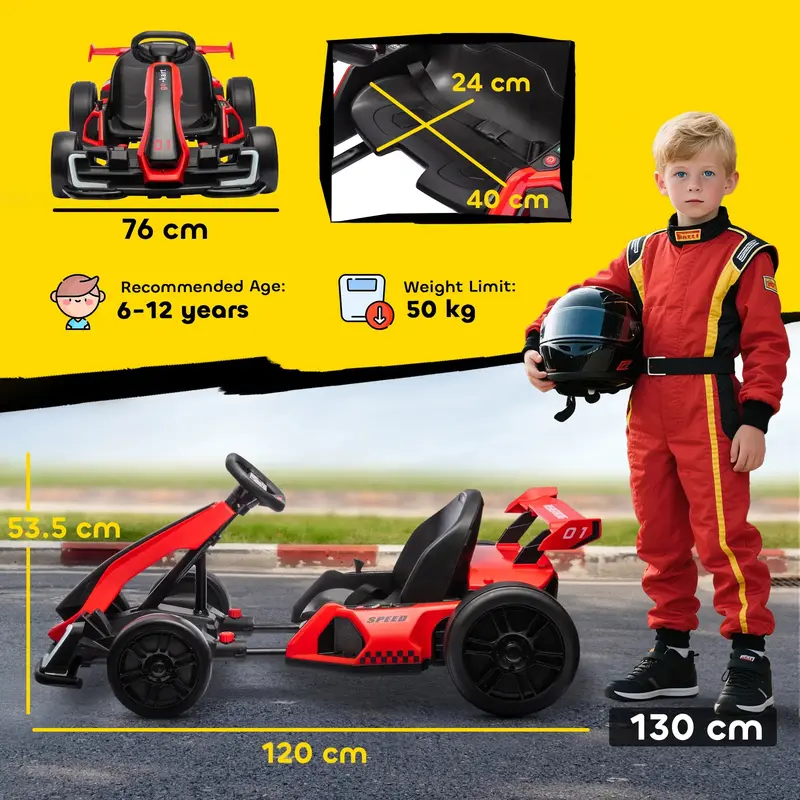 Kart elétrico Aosom 24V, 8,1 mph, carro de corrida a bateria com função de derrapagem, partida suave, música e buzina, para crianças de 6 a 12 anos.