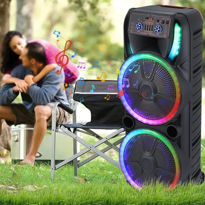 Sistema de alto-falantes duplos de 15 polegadas para karaokê com 2 microfones, caixa de som portátil para festas, som potente, estéreo sem fio Bluetooth, recarregável, controle remoto e iluminação LED.