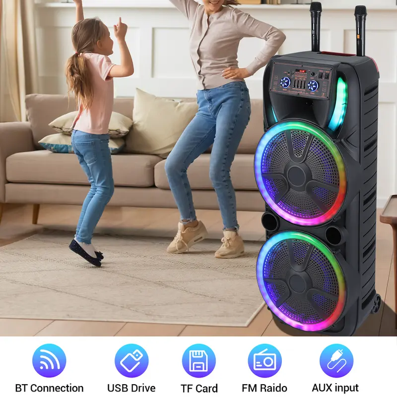Sistema de alto-falantes duplos de 15 polegadas para karaokê com 2 microfones, caixa de som portátil para festas, som potente, estéreo sem fio Bluetooth, recarregável, controle remoto e iluminação LED.
