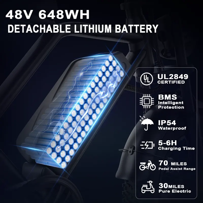 【VOLTVOGUE】 Bicicleta elétrica, equipada com quadro de aço de alto carbono, sistema de suspensão completa, velocidade máxima de 40 km/h, bateria de 48V 648Wh, autonomia com assistência de pedal de 48 a 112 km, pneus todo-terreno de 16 polegadas, moto