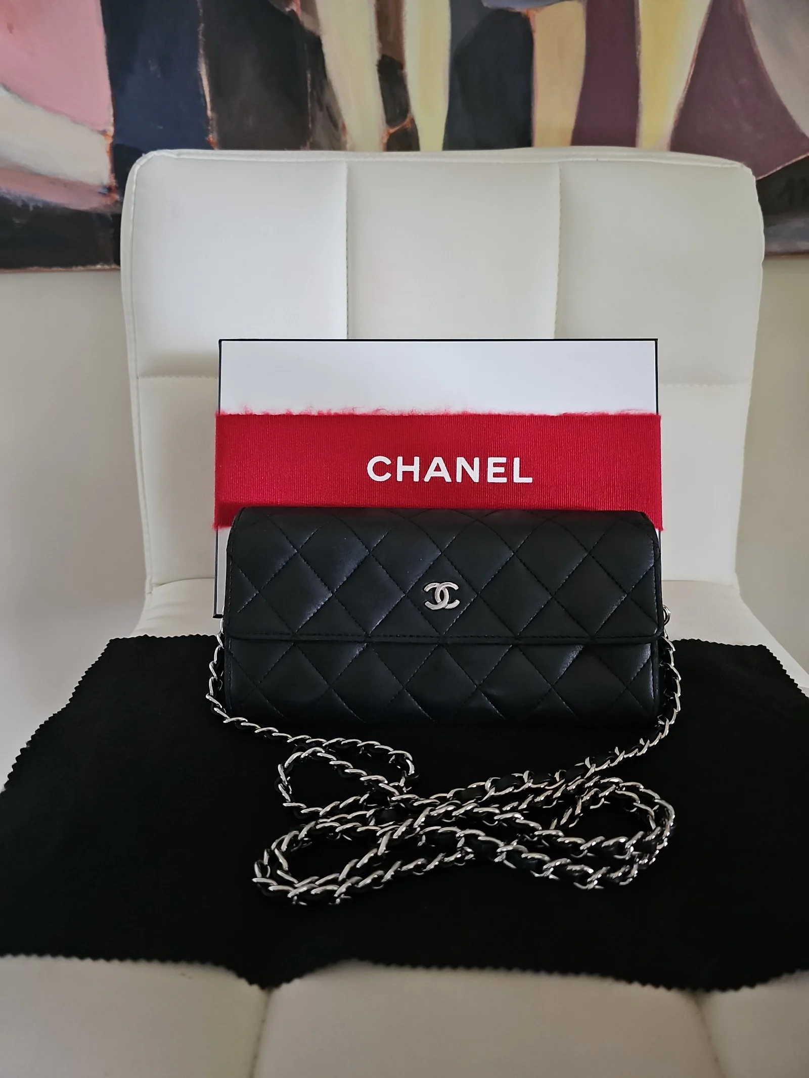 CHANEL Black Lambskin Quilted Long Wallet
