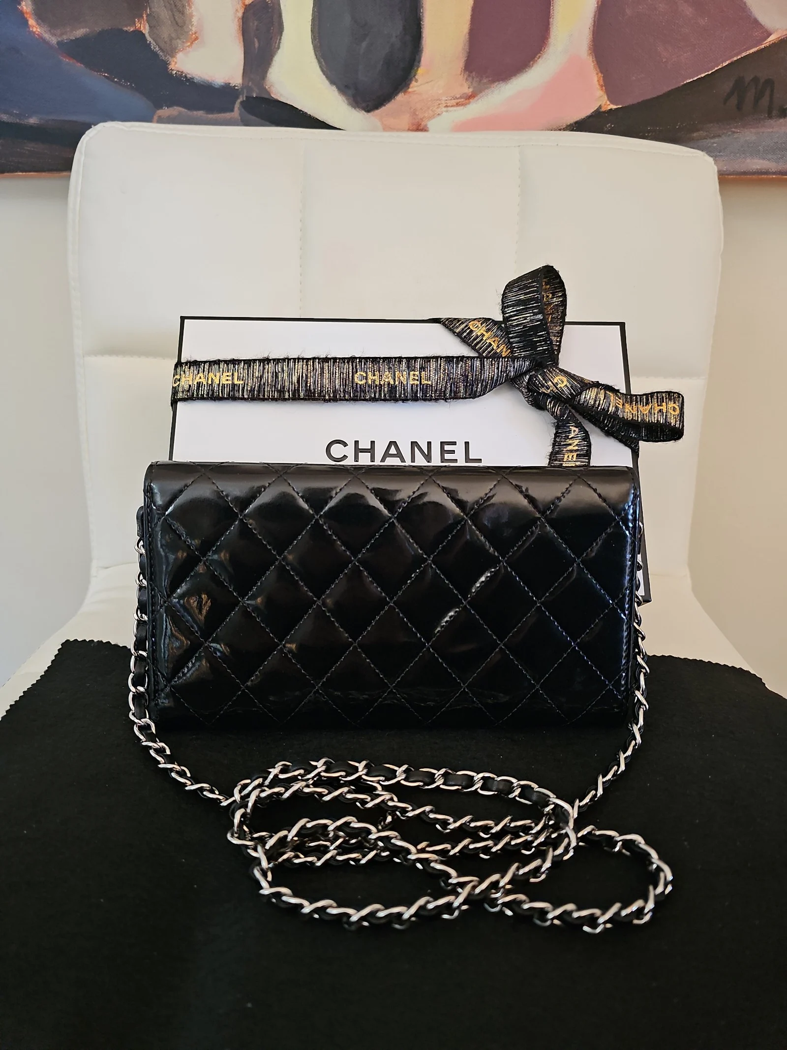 CHANEL Black Patent Leather Quilted Wallet