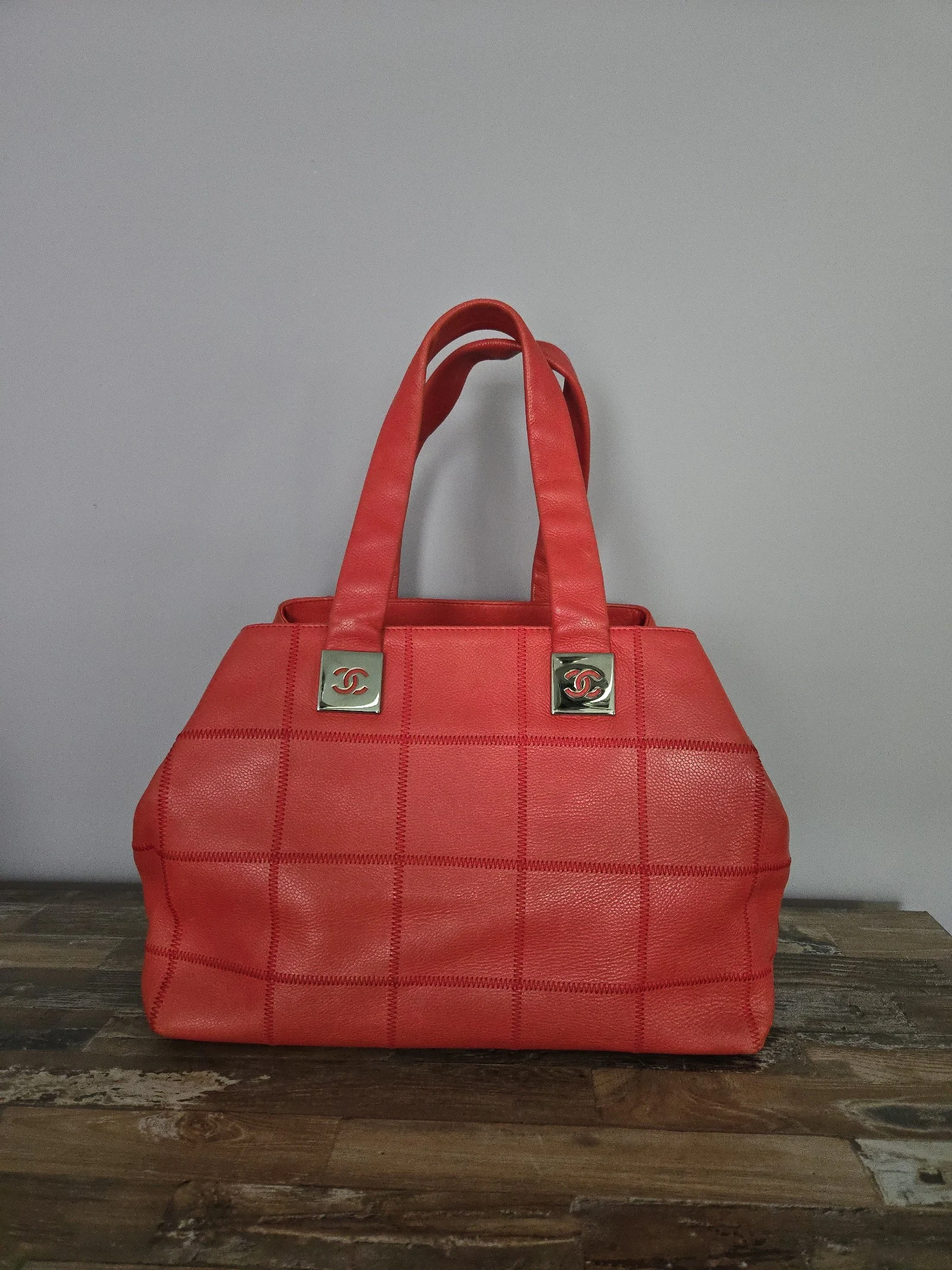 Vintage Chanel RED Square Quilted Leather Bowling Satchel