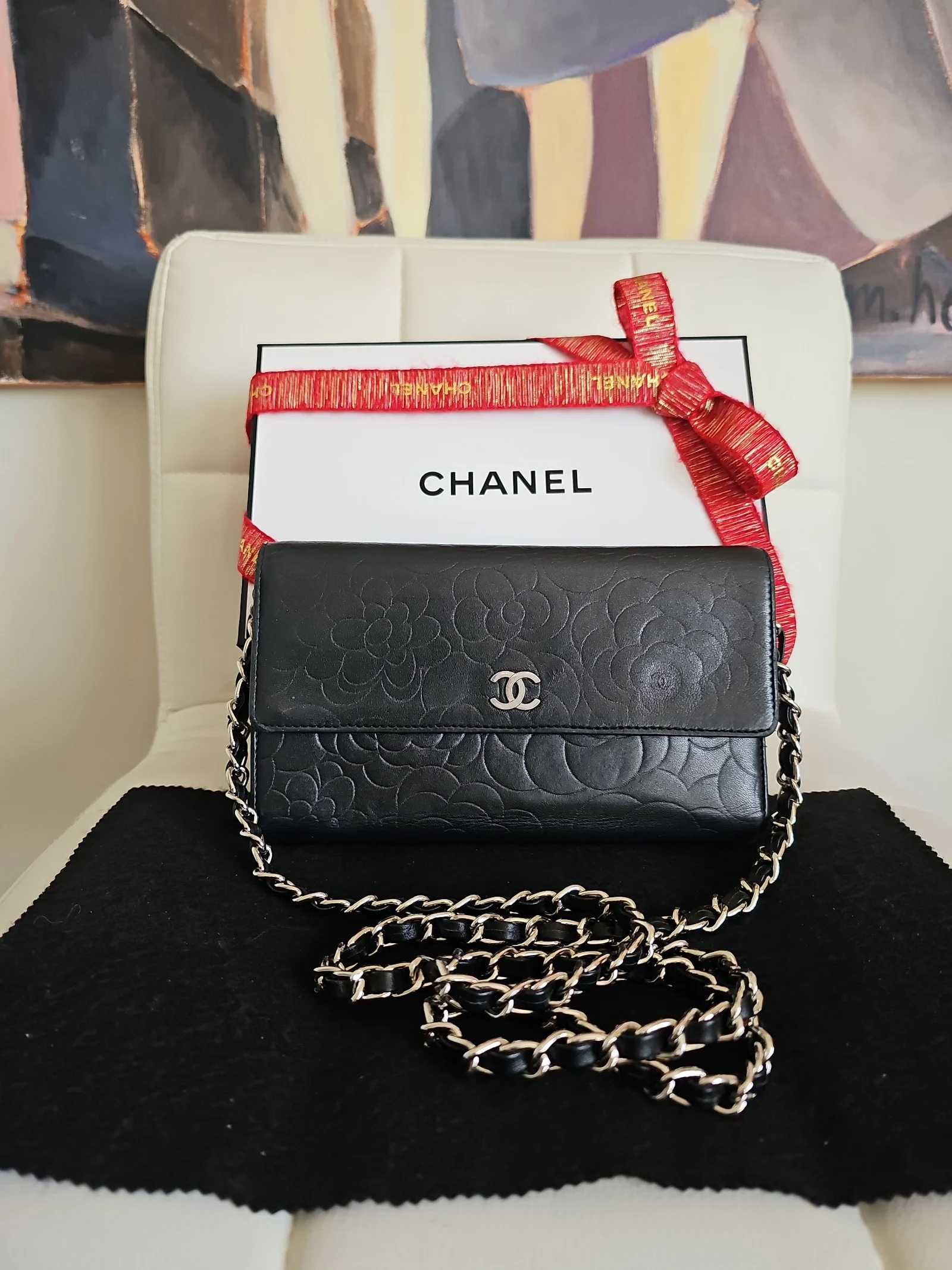 CHANEL Black Lambskin Camellia Embossed Wallet