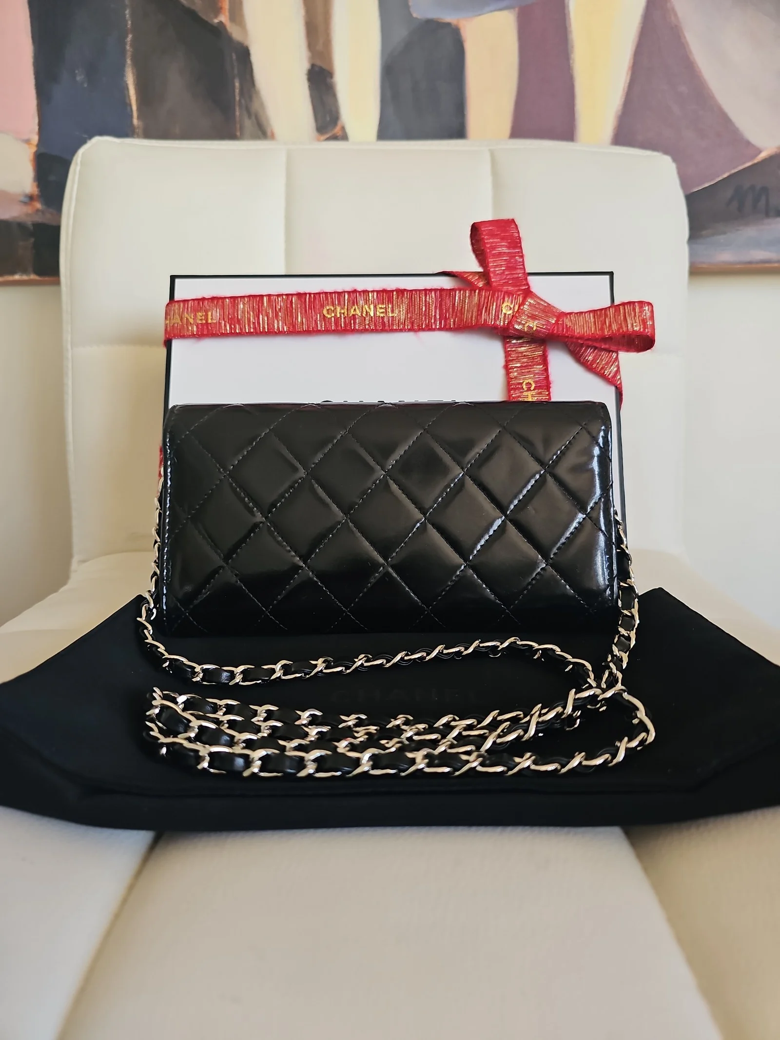 CHANEL Black Patent Leather Quilted Long Wallet