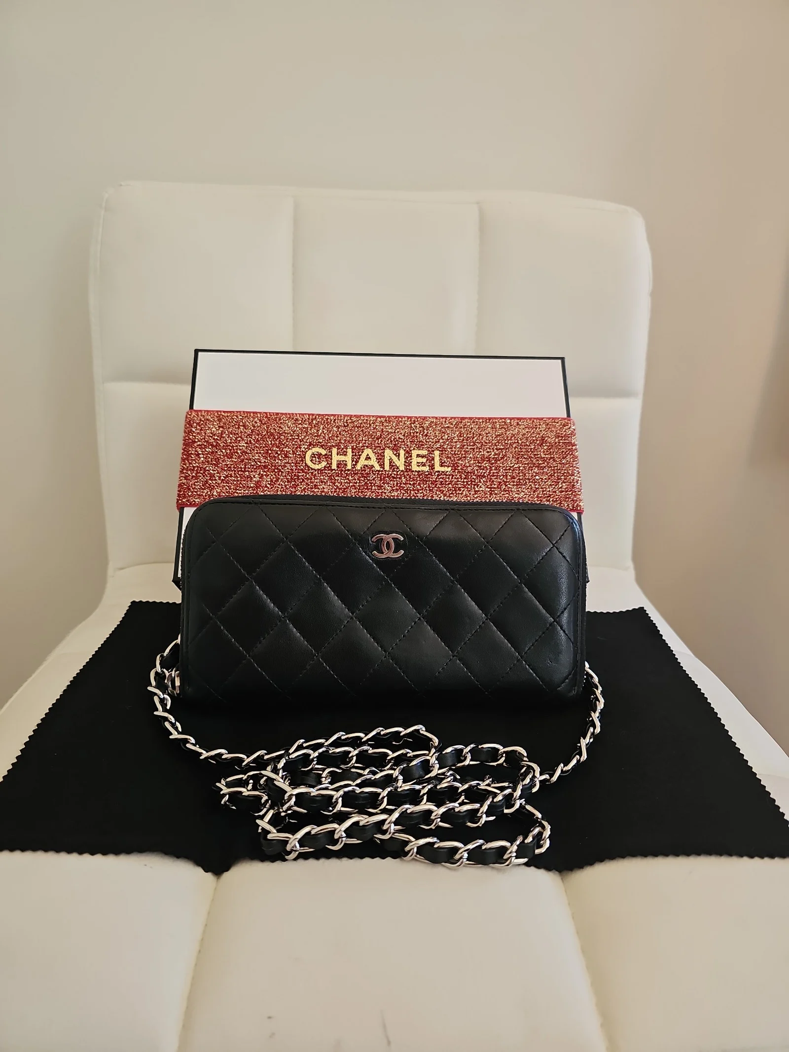 CHANEL Black Lambskin Quilted Zip Around Wallet